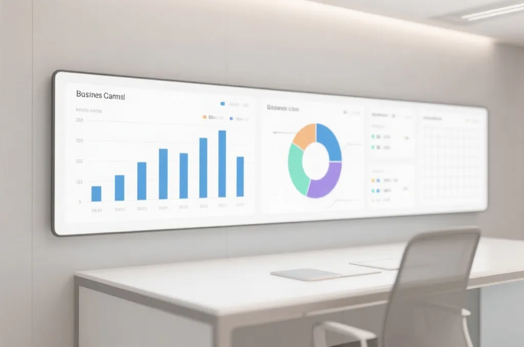 A clean and modern business dashboard display showing statistical bar charts, pie charts, and data analysis grids, neutral color palette, corporate style